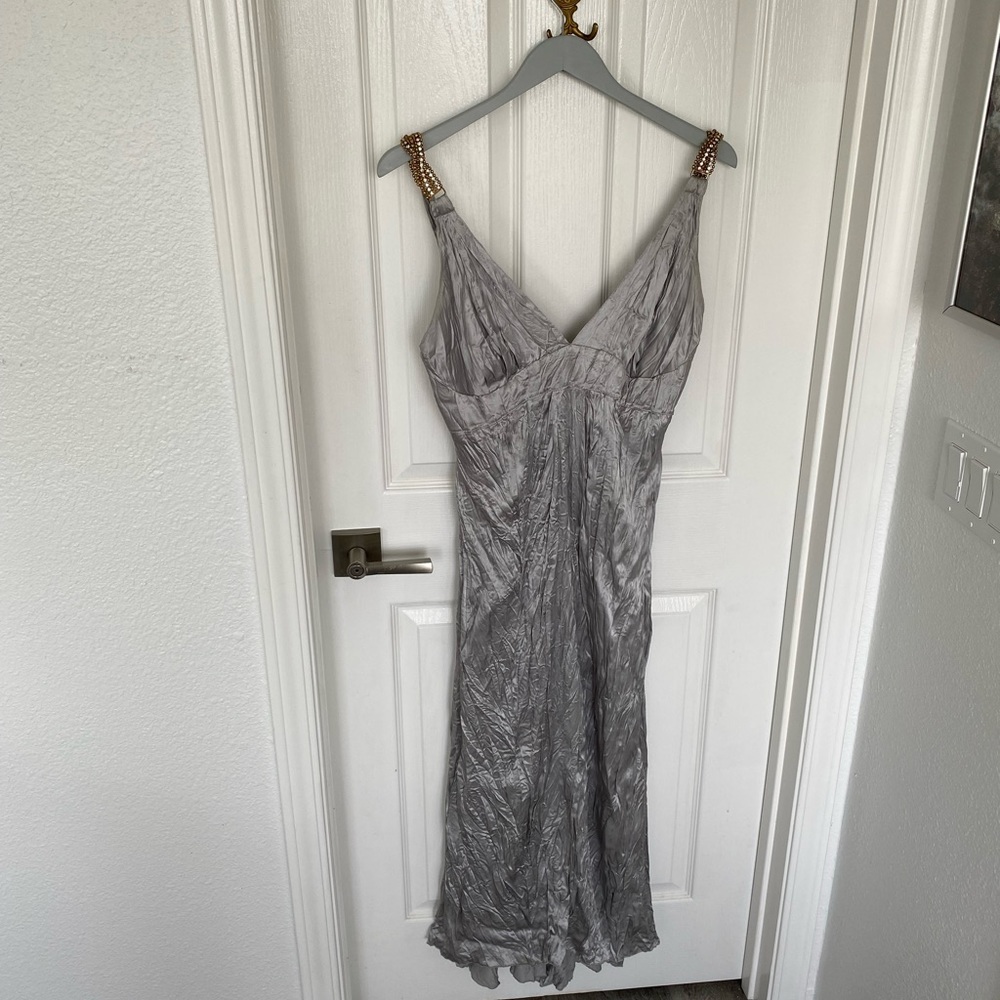 Sfarzo 100% Silk Silver Crinkle Gown Metal Rhinestone Spaghetti Straps- Italian